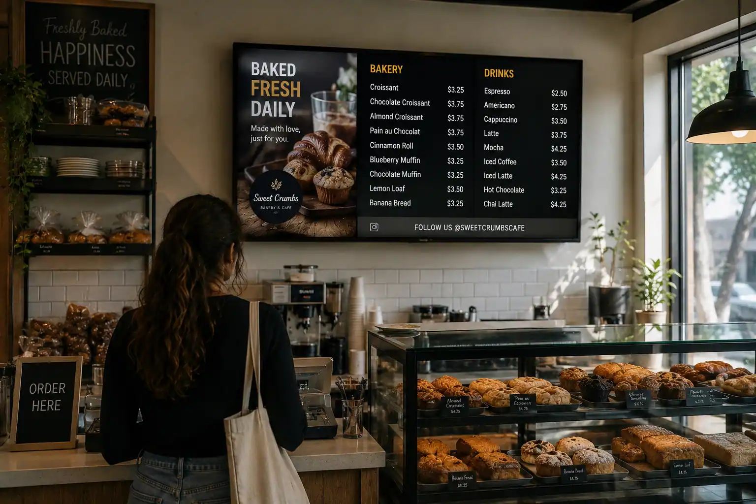 Aldivue digital menu board displayed in a bakery cafe
