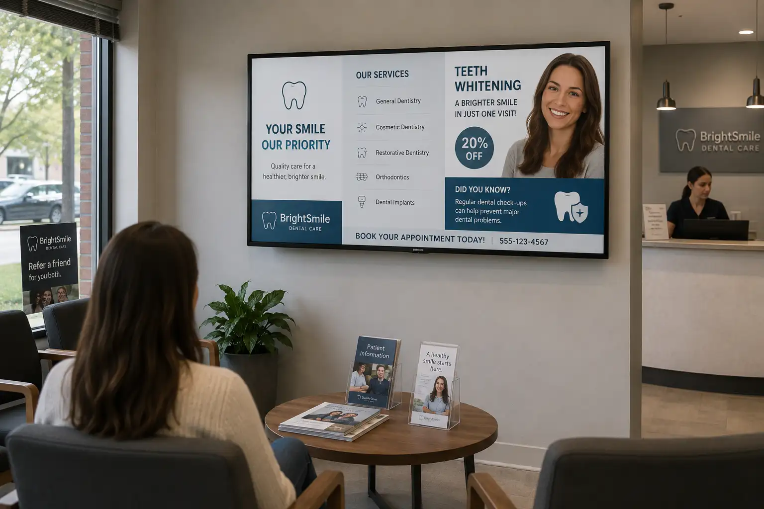 Aldivue patient information signage in a dental clinic waiting room