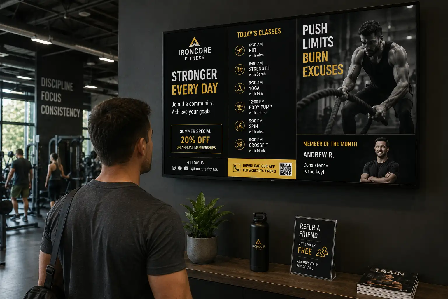 Aldivue class schedule signage in a fitness gym lobby