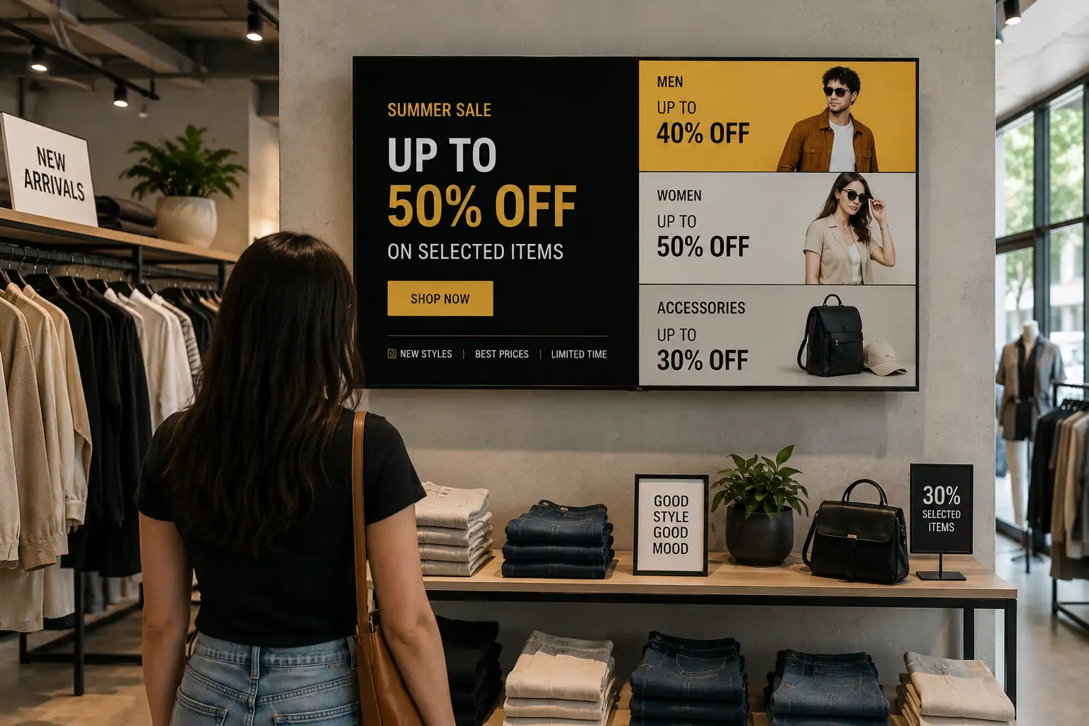 Aldivue summer sale promo running on a retail storefront display